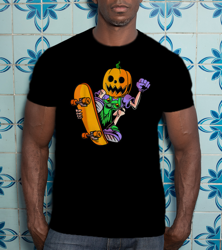 Pumpkin Head Trick Skateboarding With Halloween T-Shirt