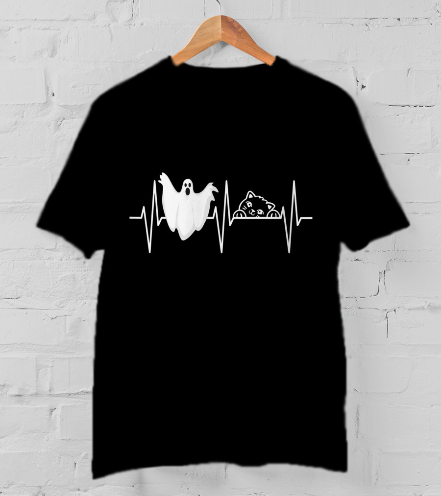 Cats Paranormal Ghost Hunting With Heartbeat Line And Ghostly Cat T-Shirt