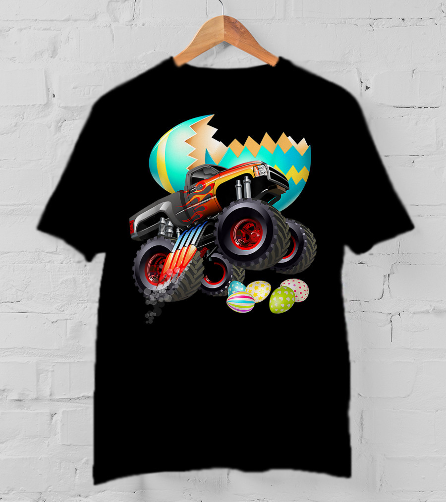 Monster Truck Cracking Colorful Easter Eggs Explosion T-Shirt