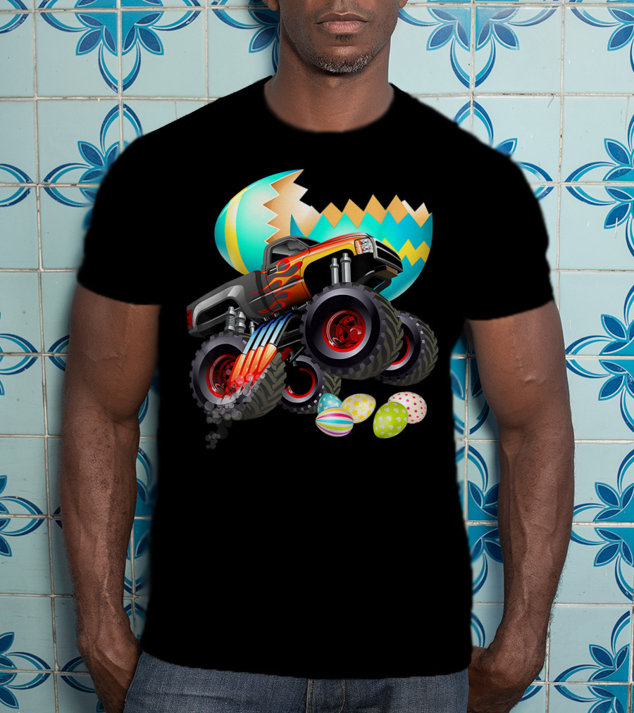 Monster Truck Cracking Colorful Easter Eggs Explosion T-Shirt