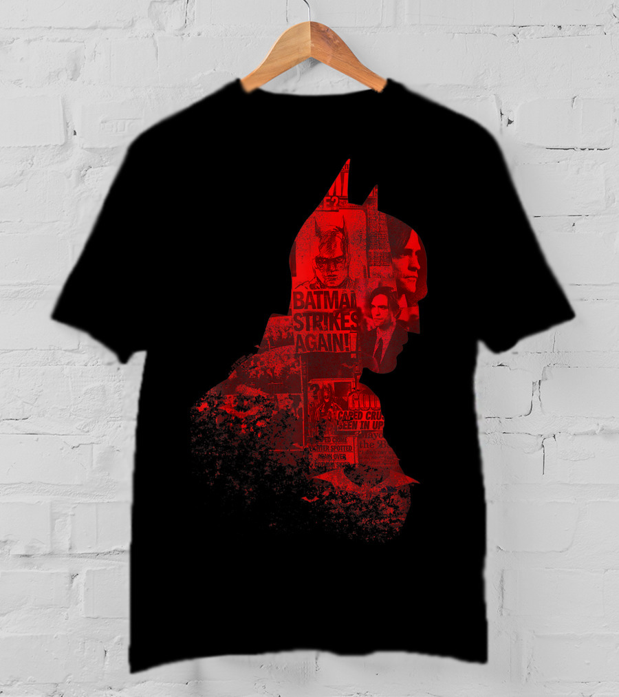 Batman Strikes Again Silhouette Collage Newspaper Headlines T-Shirt