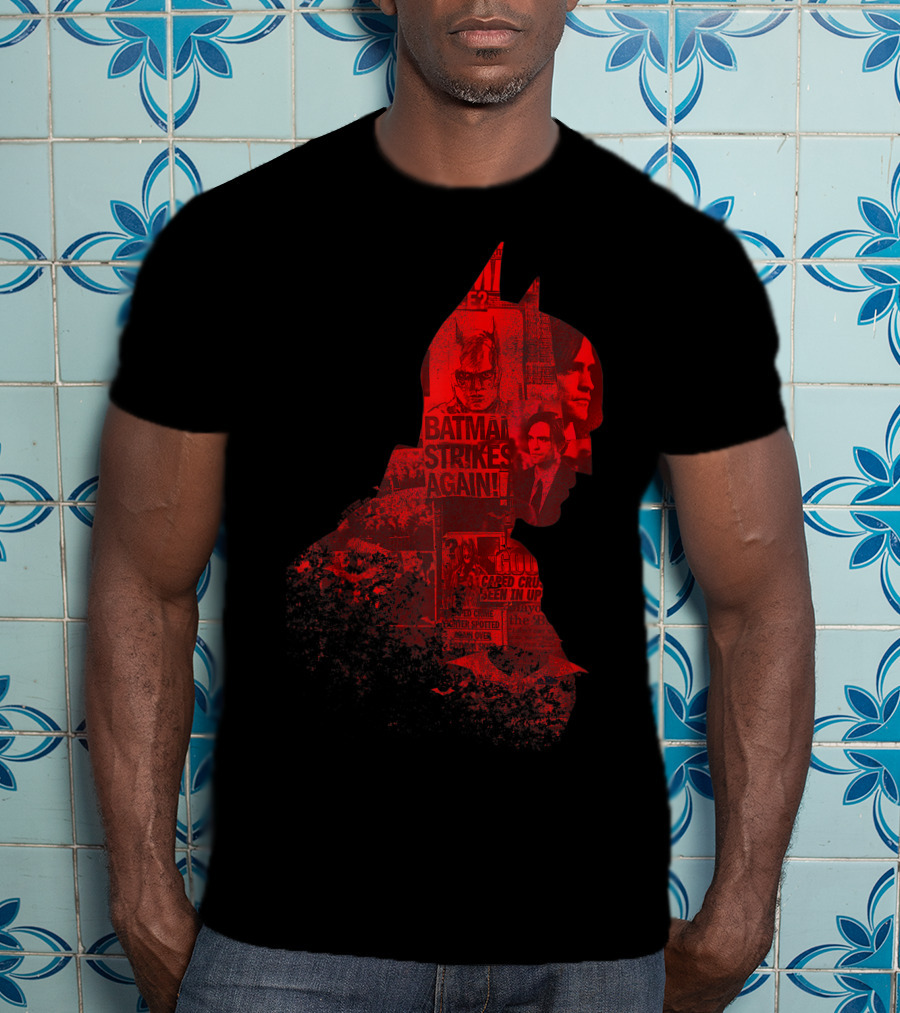 Batman Strikes Again Silhouette Collage Newspaper Headlines T-Shirt