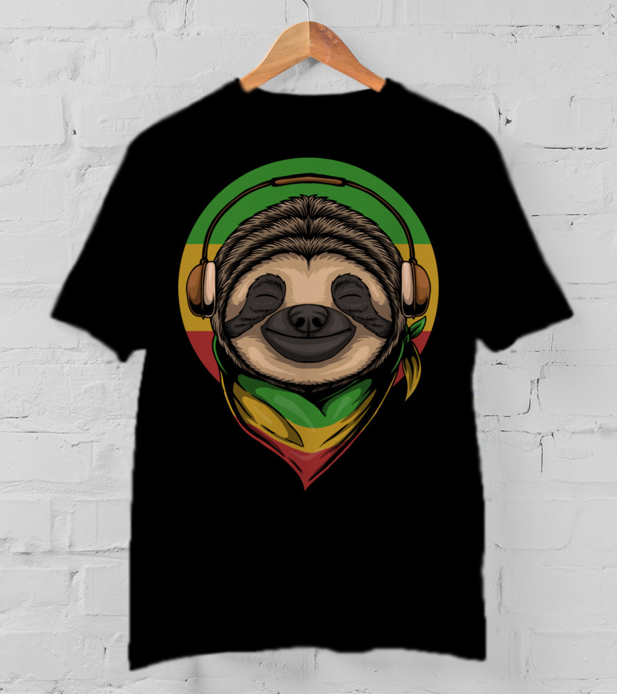 Sloth Rasta Headphones Rasta Colors T-Shirt