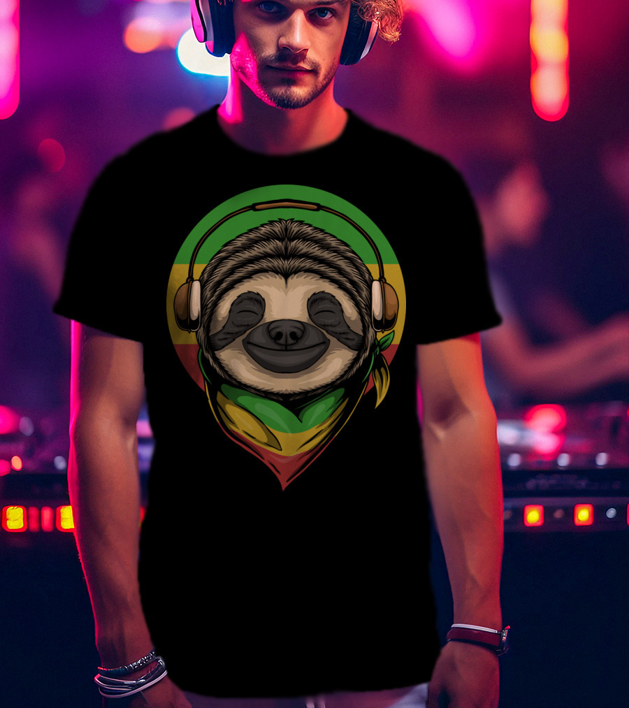 Sloth Rasta Headphones Rasta Colors T-Shirt