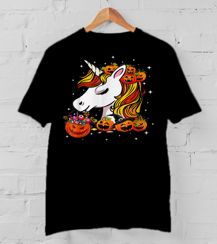 Candy Corn Unicorn Surrounded By Jack-O-Lanterns And Candy-Eyed Treats Halloween T-Shirt