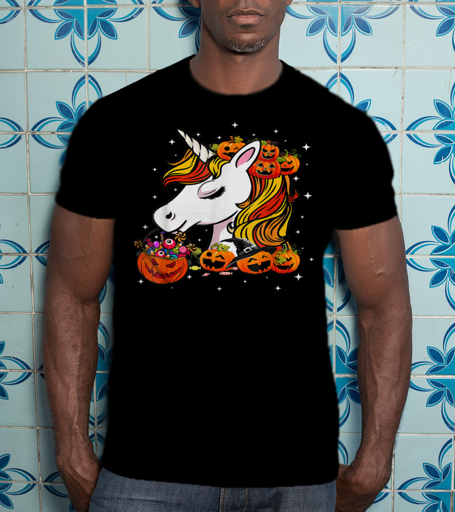 Candy Corn Unicorn Surrounded By Jack-O-Lanterns And Candy-Eyed Treats Halloween T-Shirt