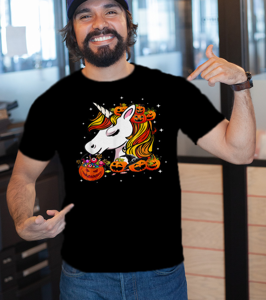 Candy Corn Unicorn Surrounded By Jack-O-Lanterns And Candy-Eyed Treats Halloween T-Shirt