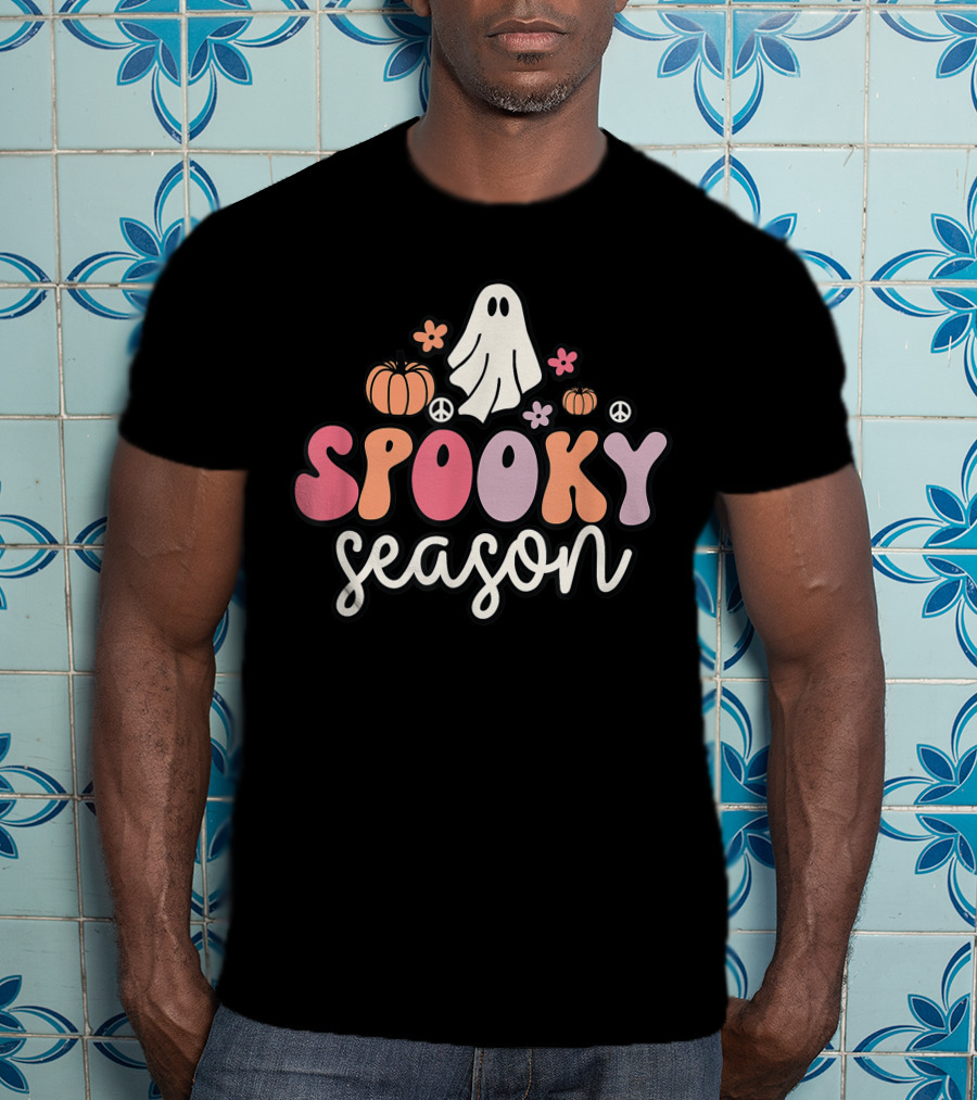 Groovy Ghost Spooky Season With Pumpkins Peace Flowers T-Shirt