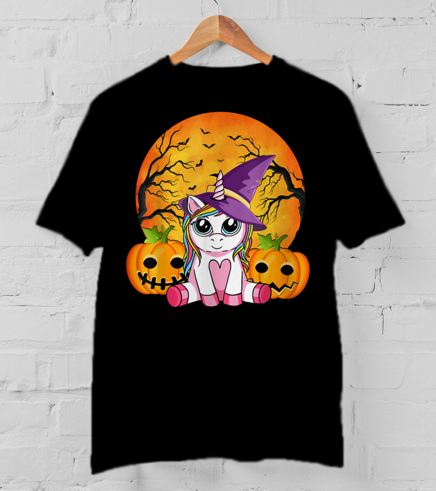 Witchy Unicorn Halloween With Pumpkins And Full Moon T-Shirt