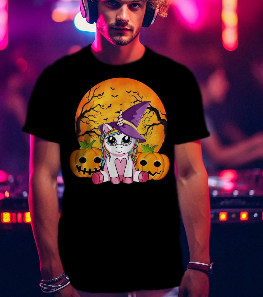 Witchy Unicorn Halloween With Pumpkins And Full Moon T-Shirt