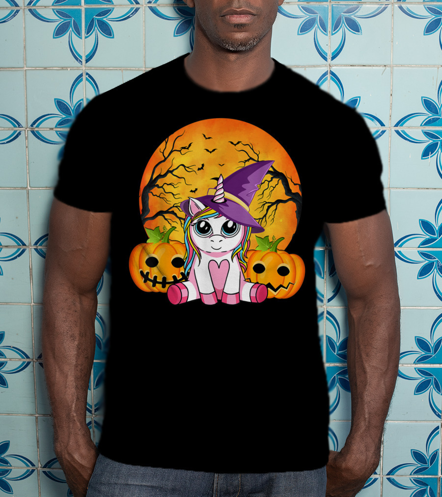 Witchy Unicorn Halloween With Pumpkins And Full Moon T-Shirt