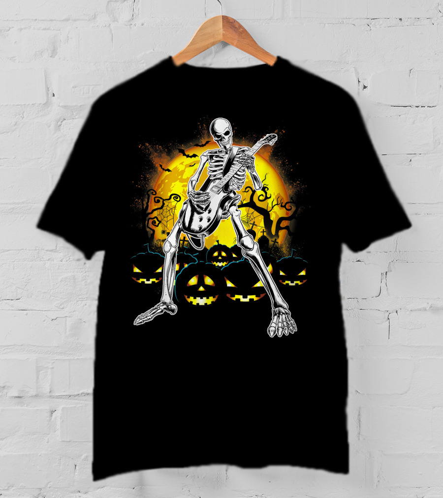 Skeleton Rocking Guitar Halloween Pumpkin Scene T-Shirt
