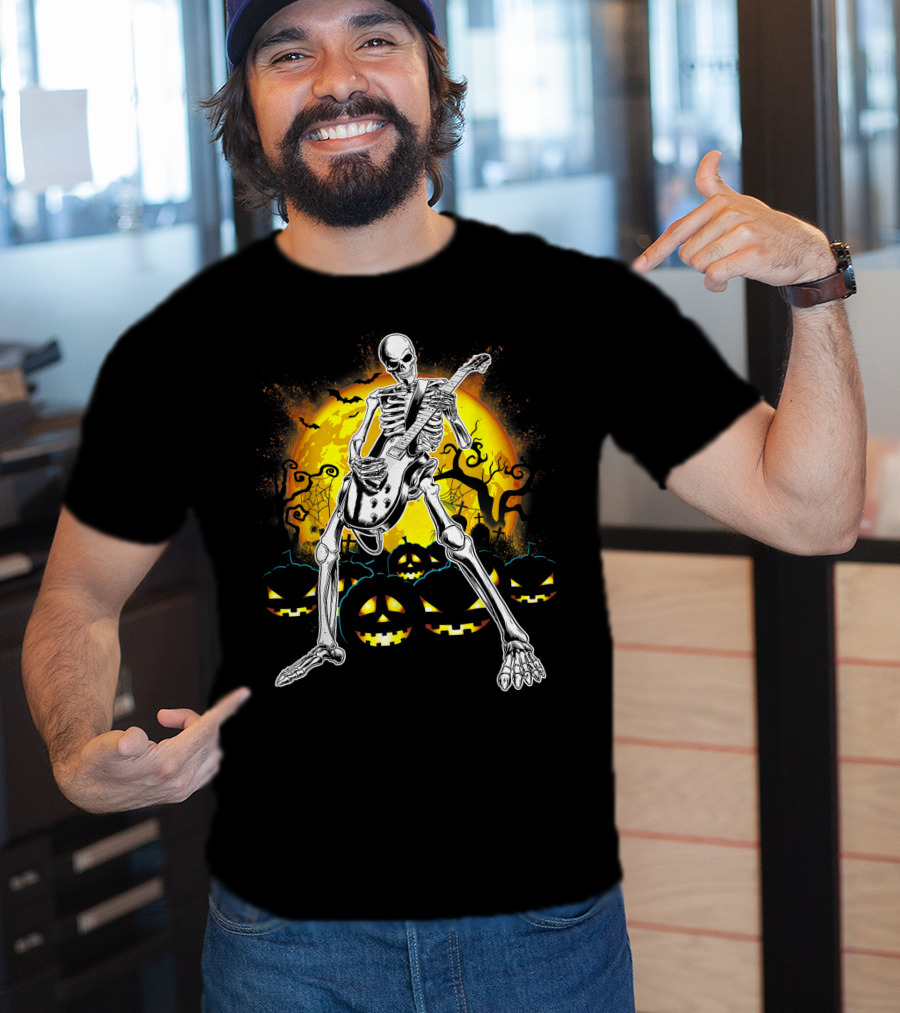 Skeleton Rocking Guitar Halloween Pumpkin Scene T-Shirt