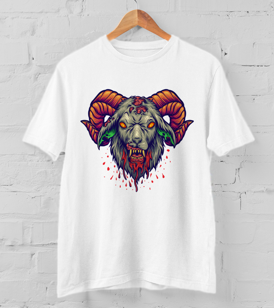 Devil Head Horn Gothic Goat With Blood Splatter And Evil Eyes T-Shirt