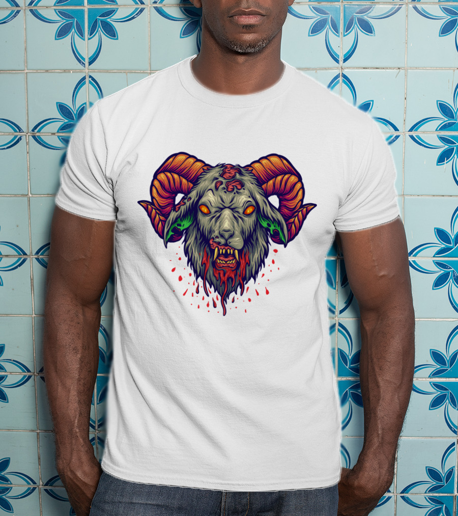 Devil Head Horn Gothic Goat With Blood Splatter And Evil Eyes T-Shirt