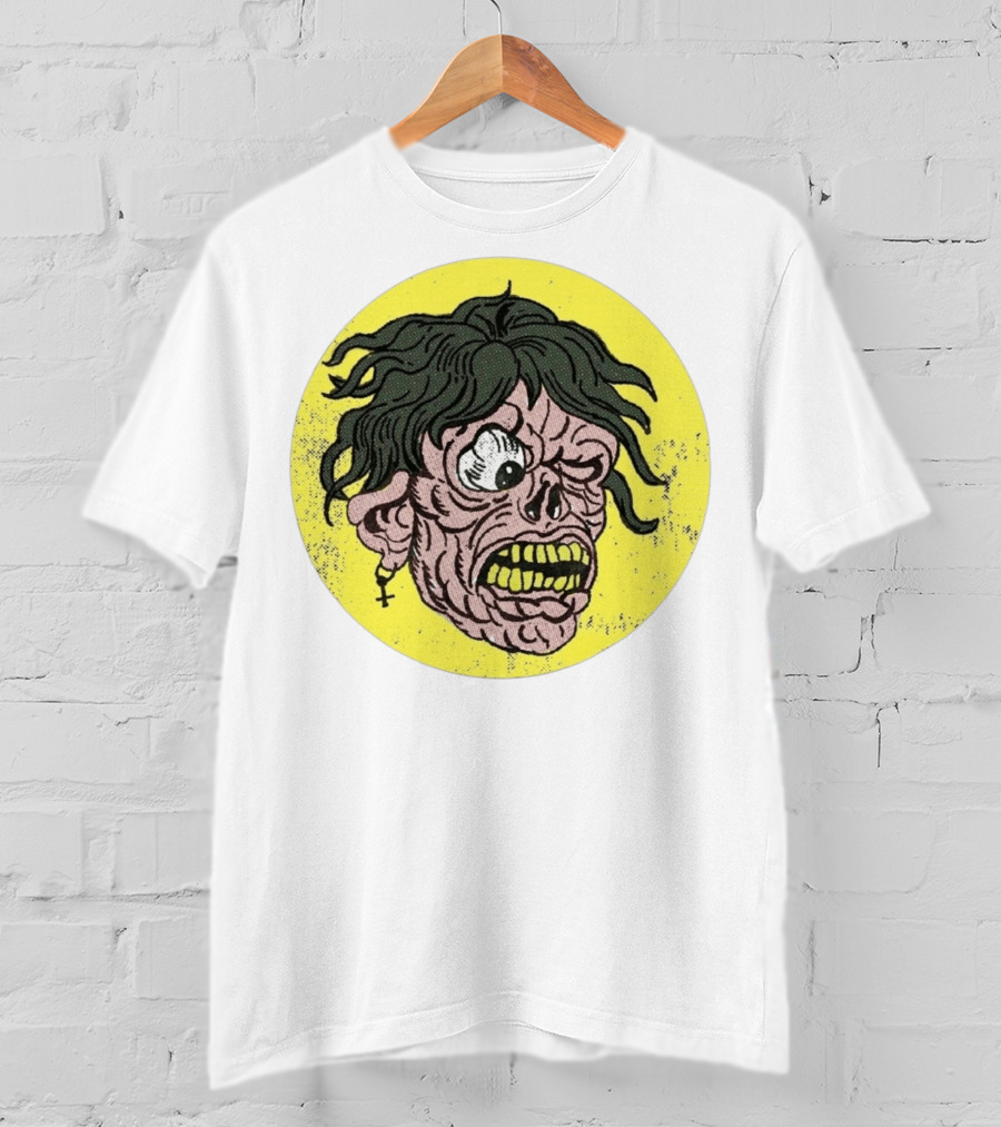 Rebel Zombie Grinning Undead Head With Cross Earring On Yellow Circle T-Shirt