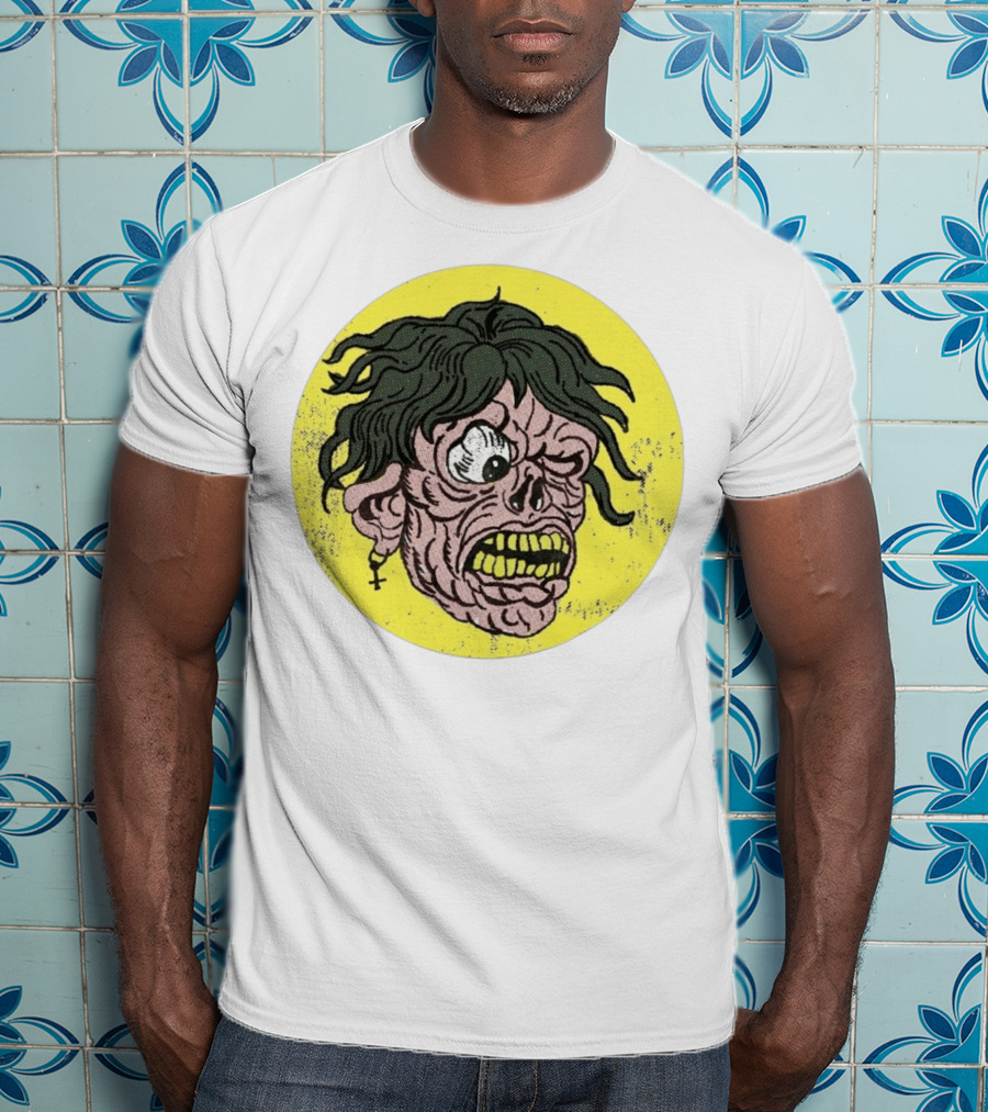 Rebel Zombie Grinning Undead Head With Cross Earring On Yellow Circle T-Shirt