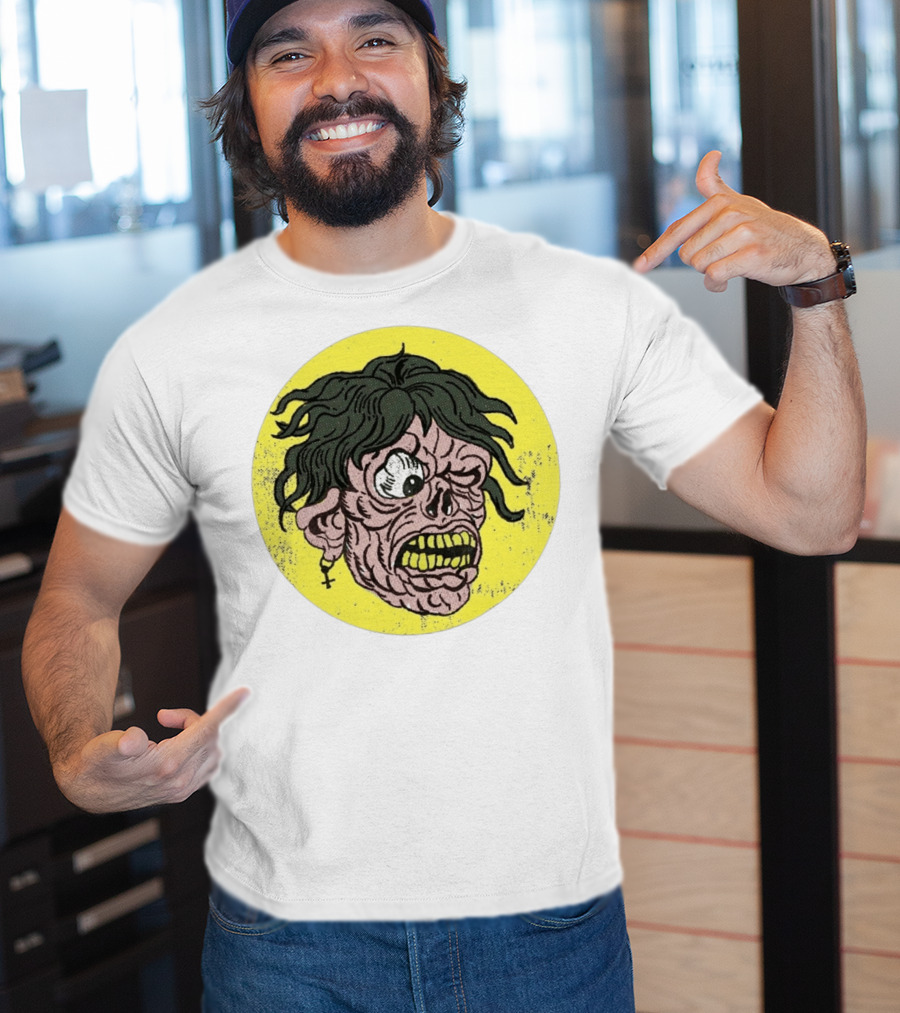 Rebel Zombie Grinning Undead Head With Cross Earring On Yellow Circle T-Shirt