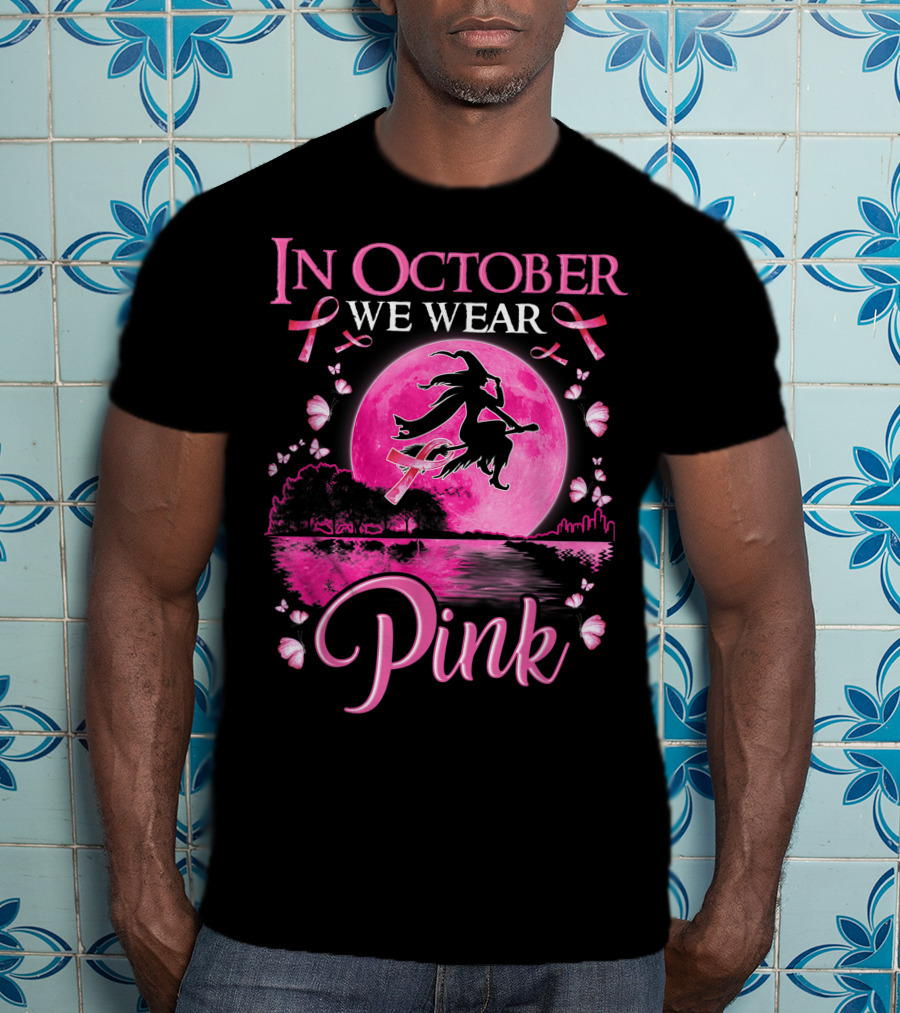 In October We Wear Pink Witch And Moon Breast Cancer Awareness T-Shirt