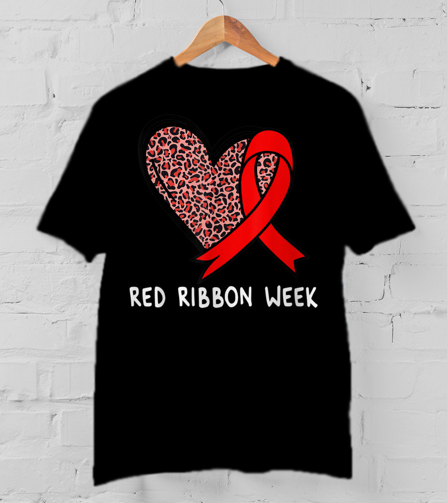 Red Ribbon Week Leopard Print Heart T-Shirt