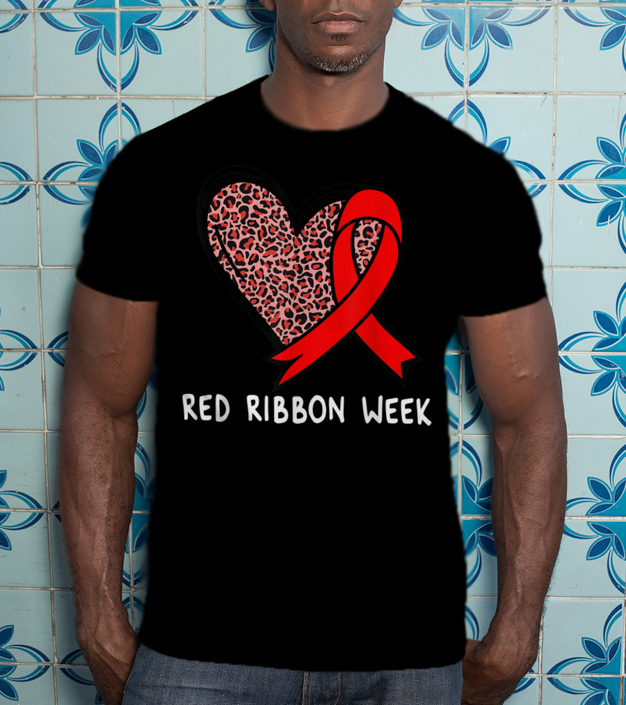 Red Ribbon Week Leopard Print Heart T-Shirt
