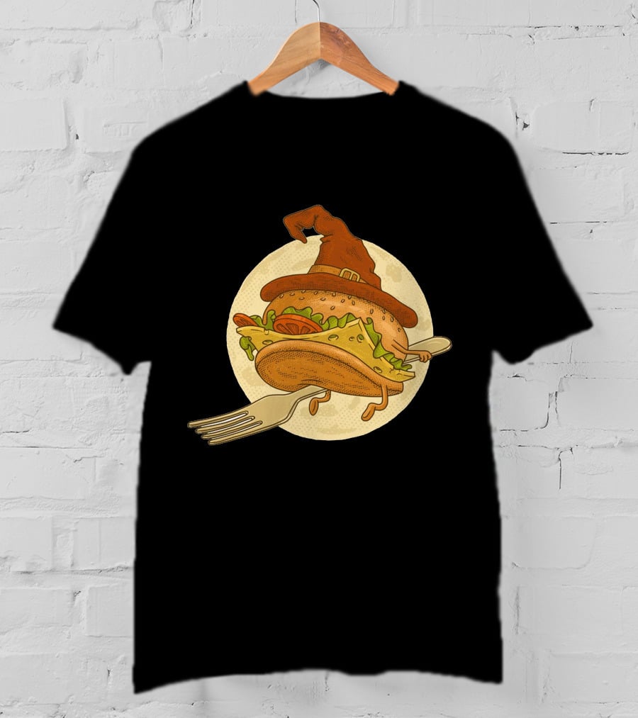 Hamburger With Witch Hat Riding A Fork In Front Of Full Moon T-Shirt