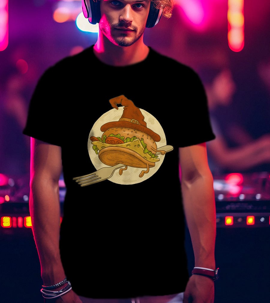 Hamburger With Witch Hat Riding A Fork In Front Of Full Moon T-Shirt