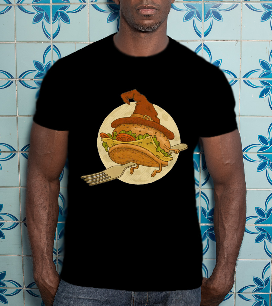 Hamburger With Witch Hat Riding A Fork In Front Of Full Moon T-Shirt