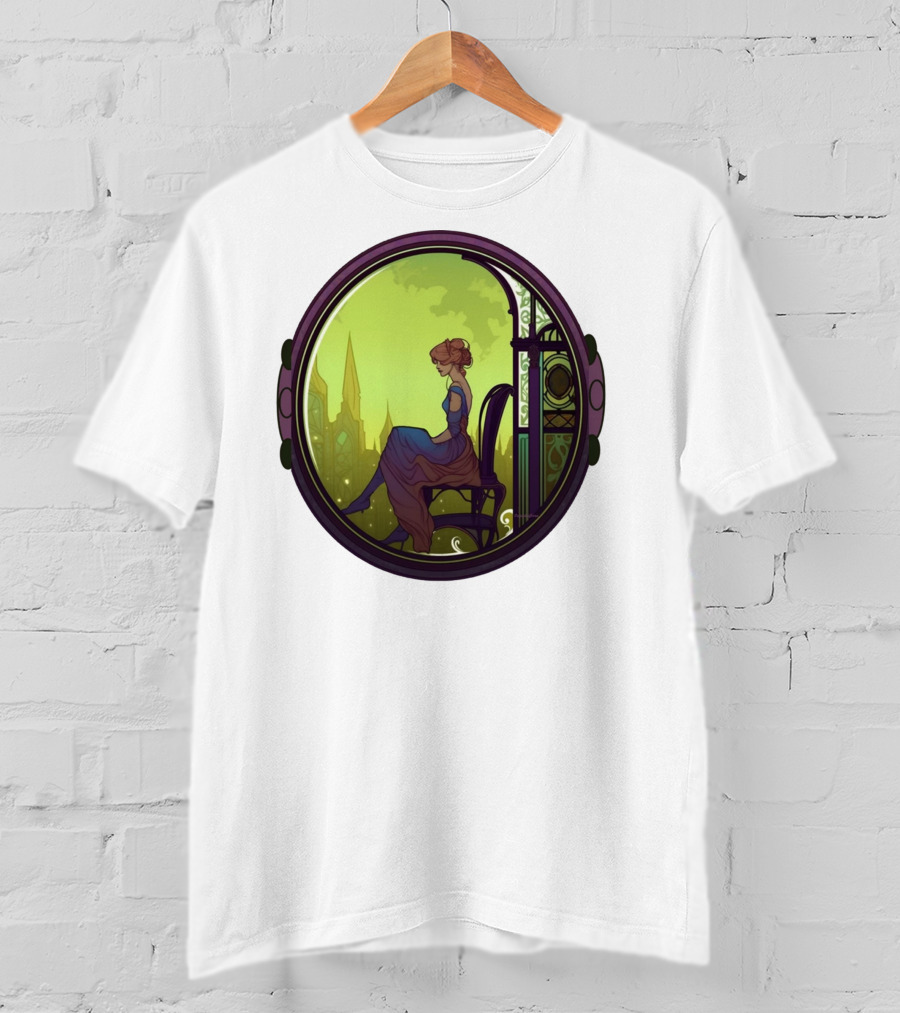 Mysterious Pensive Woman In Enchanted Gothic Cityscape T-Shirt