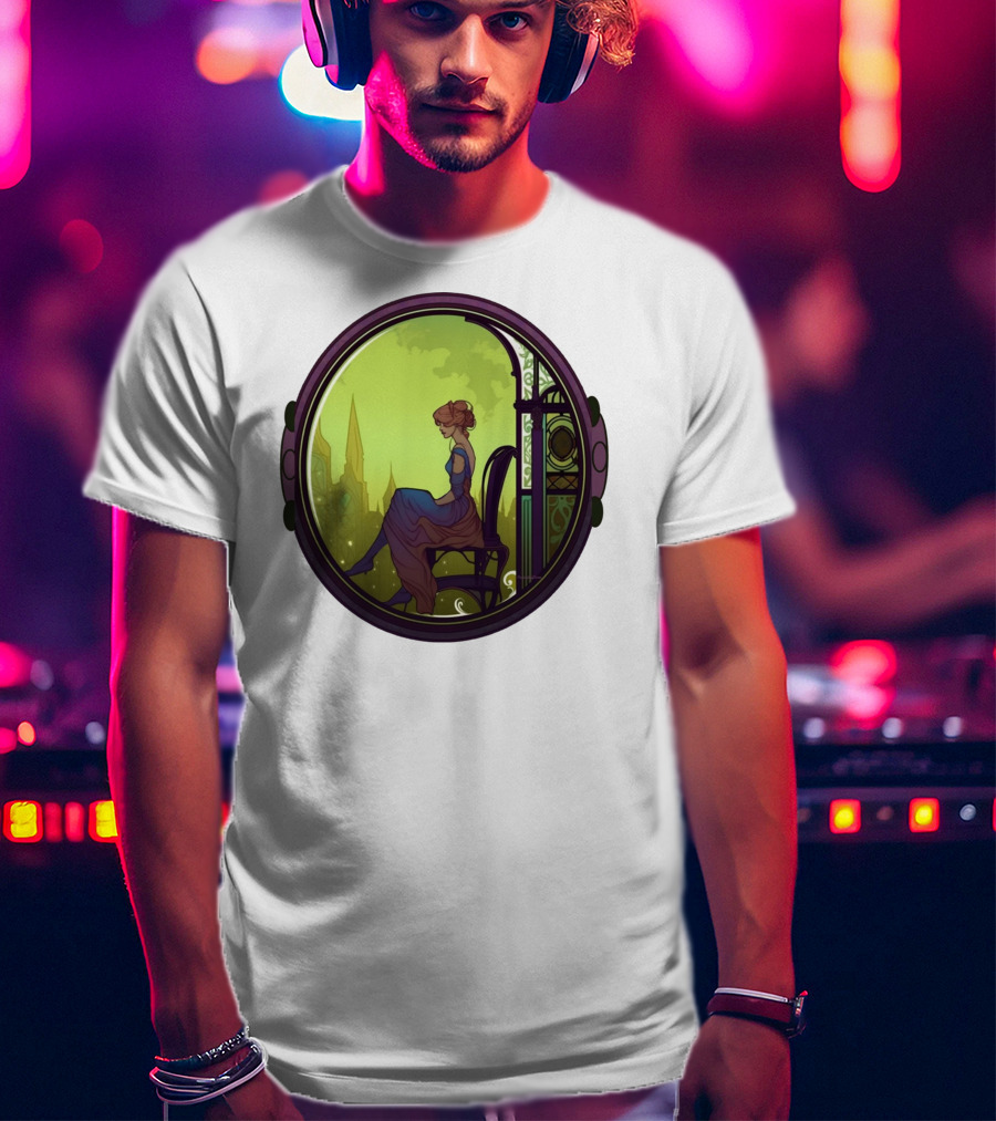 Mysterious Pensive Woman In Enchanted Gothic Cityscape T-Shirt