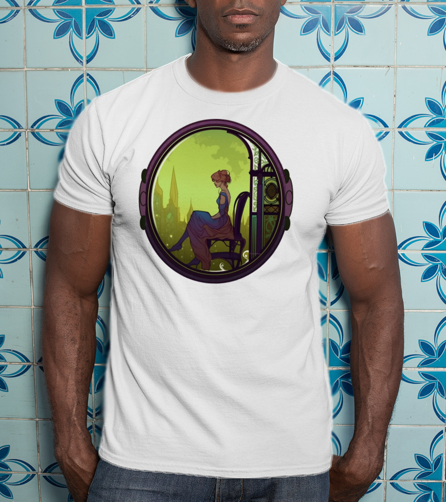 Mysterious Pensive Woman In Enchanted Gothic Cityscape T-Shirt