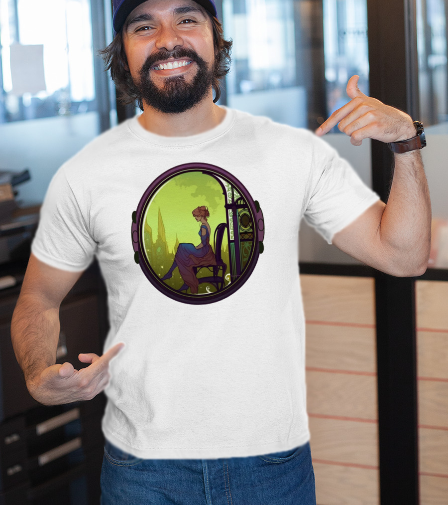 Mysterious Pensive Woman In Enchanted Gothic Cityscape T-Shirt