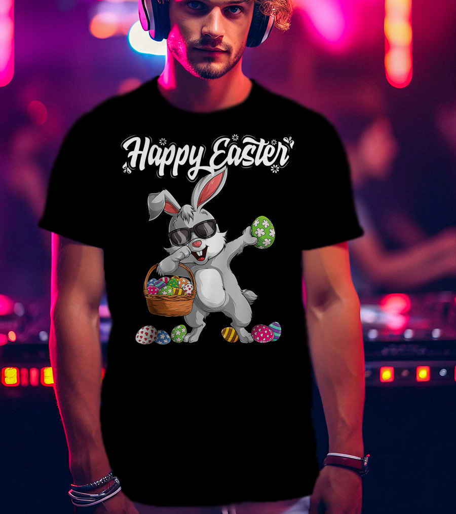 Happy Easter Dabbing Rabbit With Basket And Eggs T-Shirt