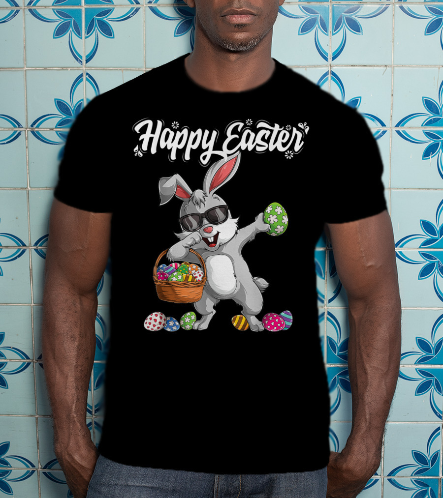 Happy Easter Dabbing Rabbit With Basket And Eggs T-Shirt