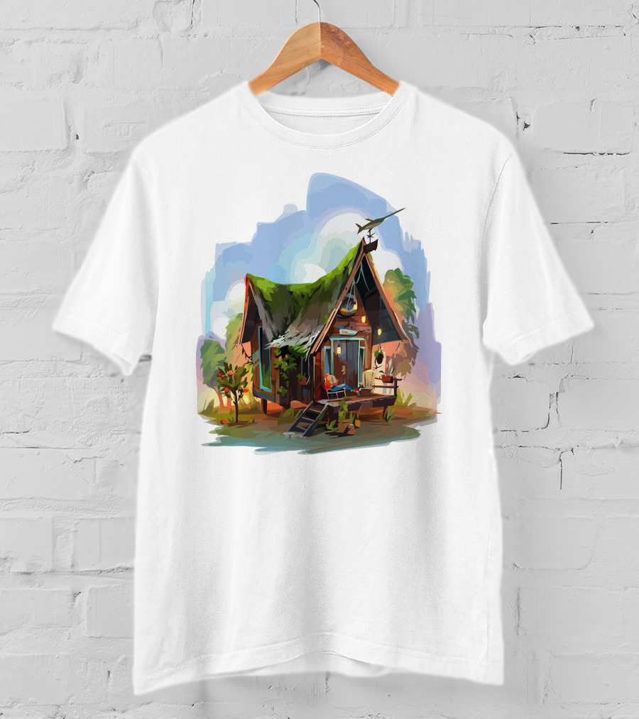 Dream House With Grass Roof And Airplane Sky Scene T-Shirt