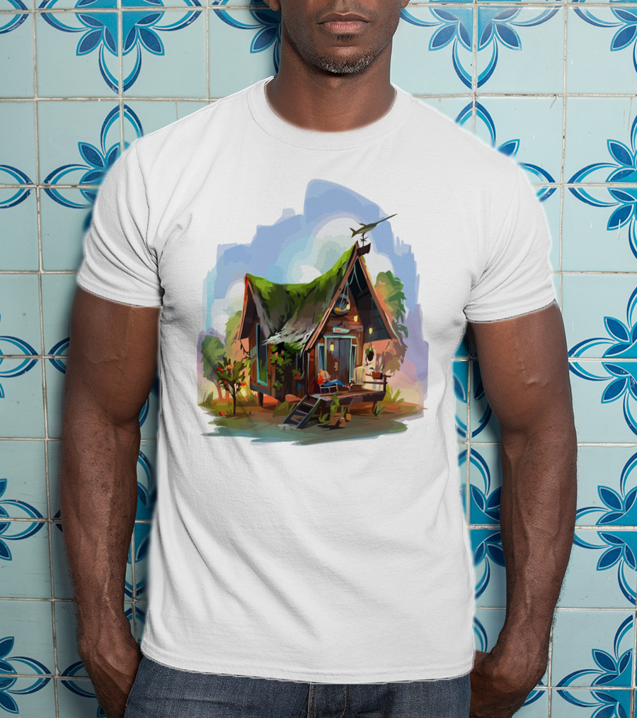 Dream House With Grass Roof And Airplane Sky Scene T-Shirt