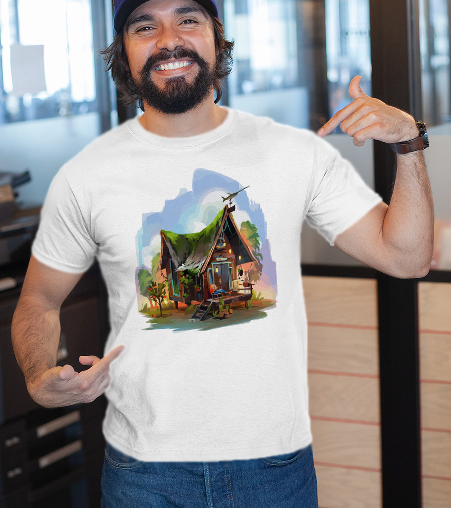 Dream House With Grass Roof And Airplane Sky Scene T-Shirt