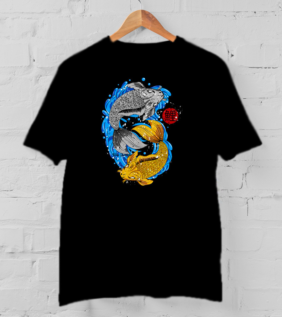 Koi Fish Yin Yang With Blue Water And Red Japanese T-Shirt