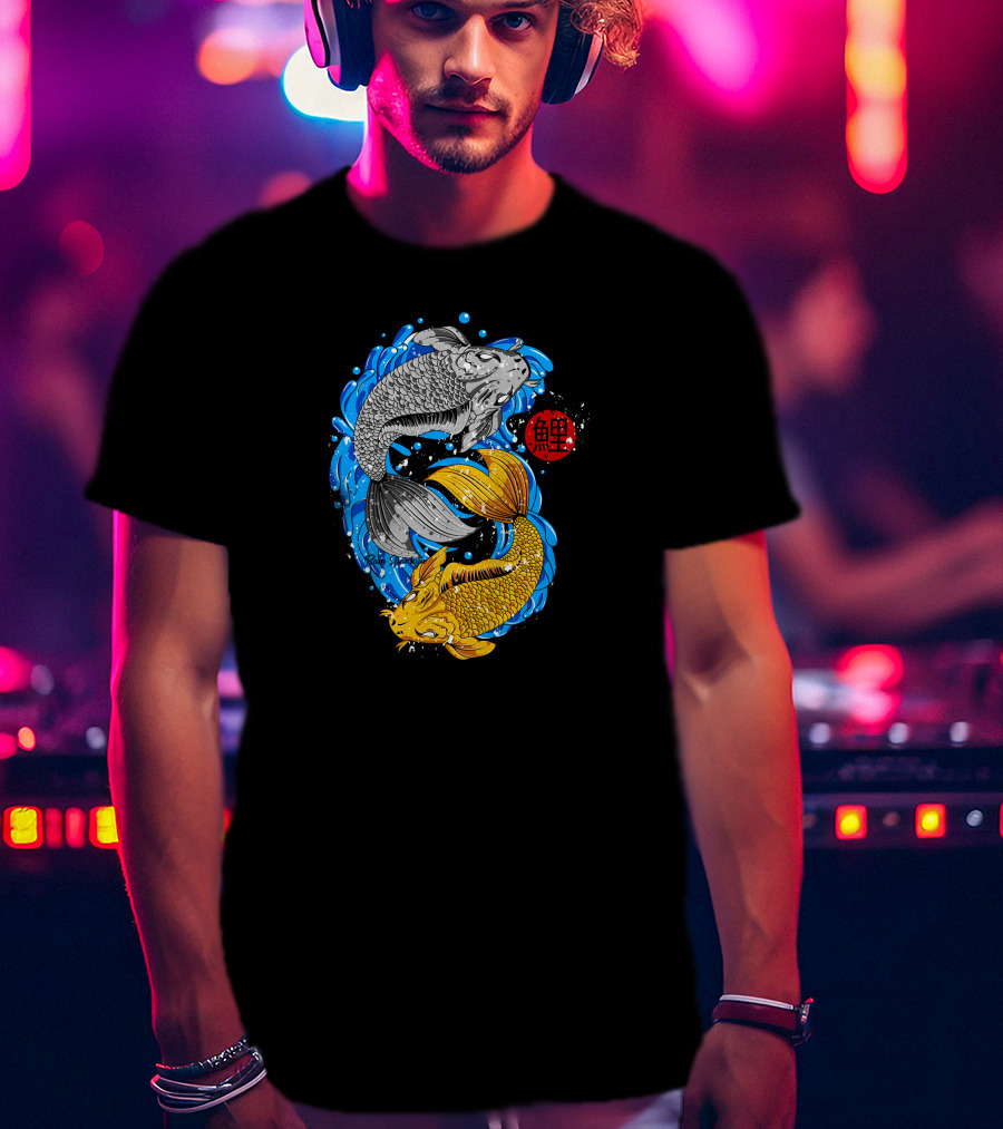 Koi Fish Yin Yang With Blue Water And Red Japanese T-Shirt