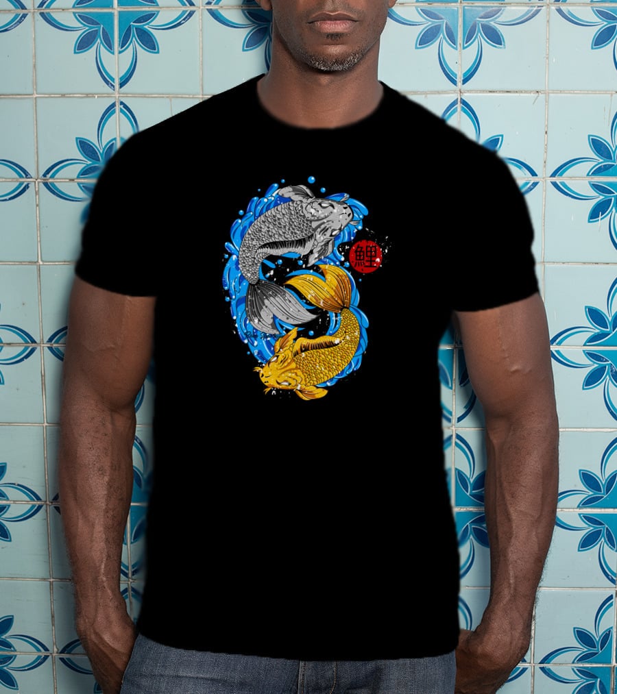 Koi Fish Yin Yang With Blue Water And Red Japanese T-Shirt