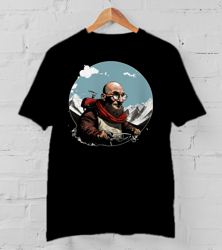 Bald Man On Motorcycle Through Mountain Landscape With Red Scarf And Glasses T-Shirt