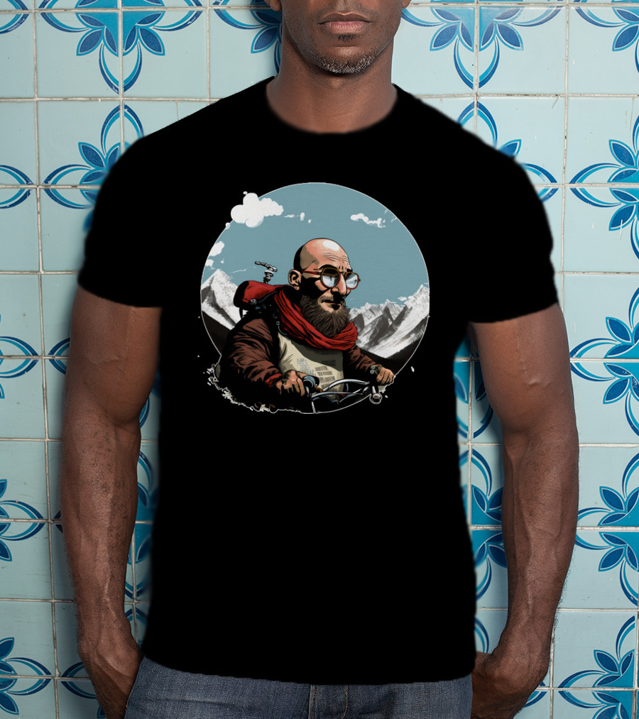 Bald Man On Motorcycle Through Mountain Landscape With Red Scarf And Glasses T-Shirt