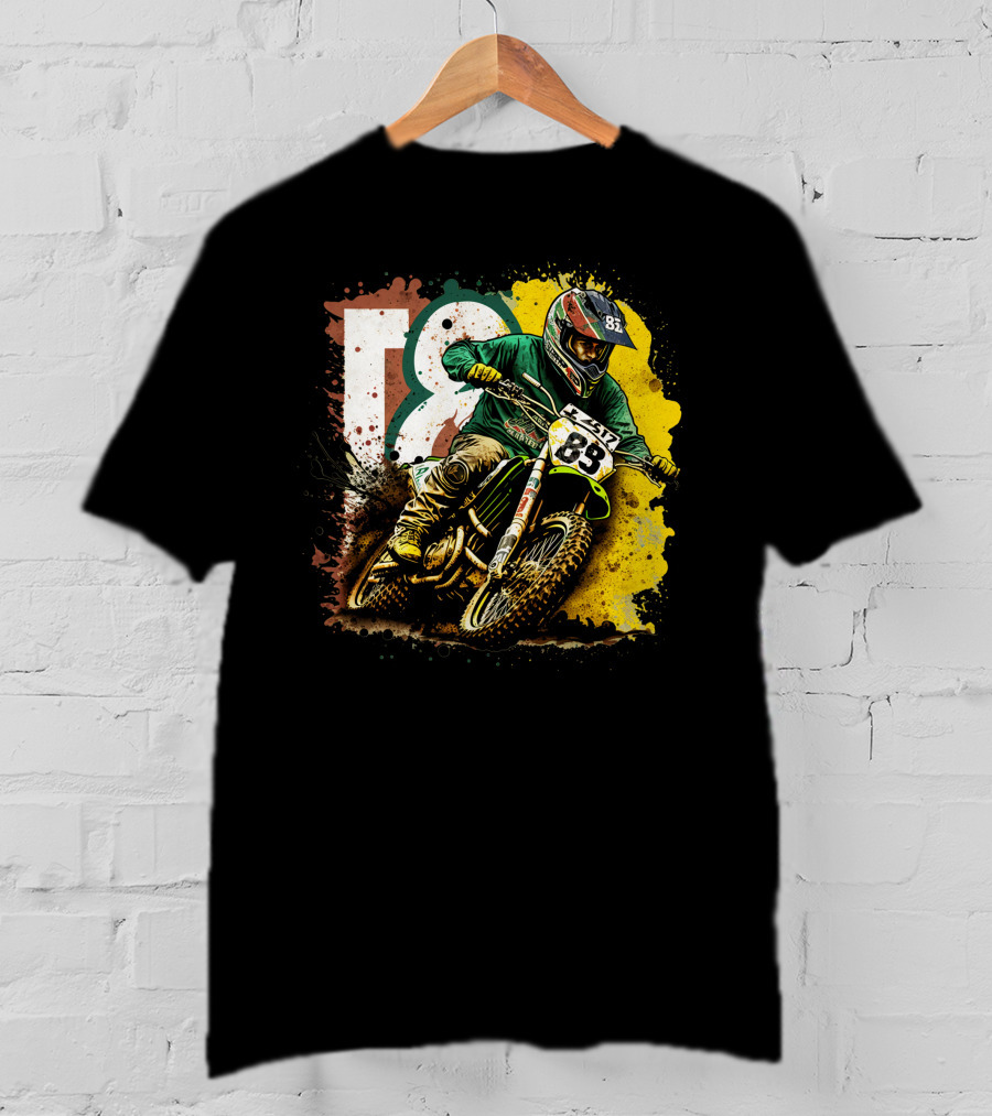Motocross Racer Dynamic Action With Number 83 And Splatter Background T-Shirt