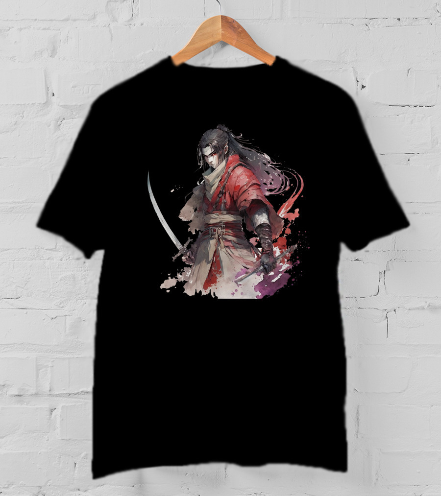 Samurai Blade Warrior In Red Robes With Dual Katanas And Flowing Hair T-Shirt