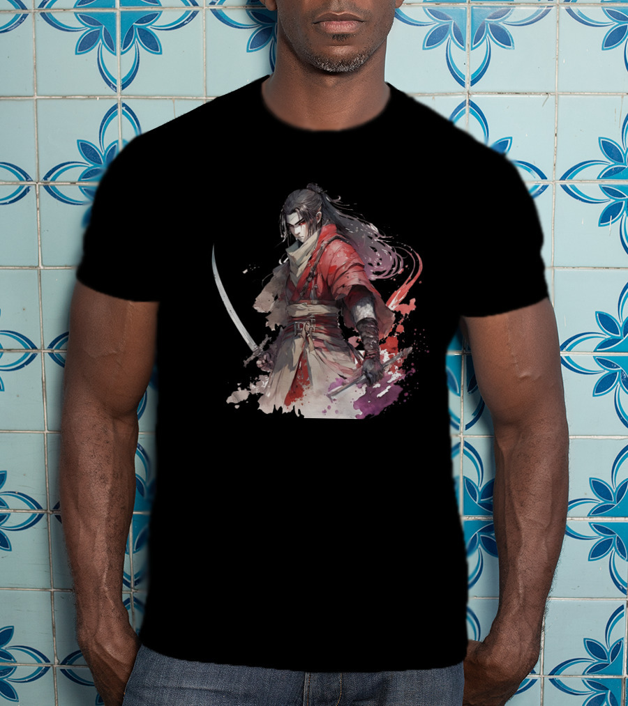 Samurai Blade Warrior In Red Robes With Dual Katanas And Flowing Hair T-Shirt