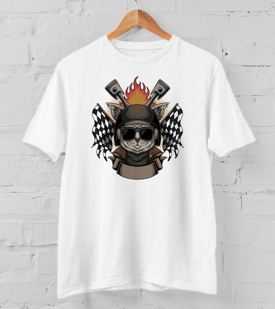 Cat Helmet Motorcycle Flames Checkered Flags Emblem T-Shirt