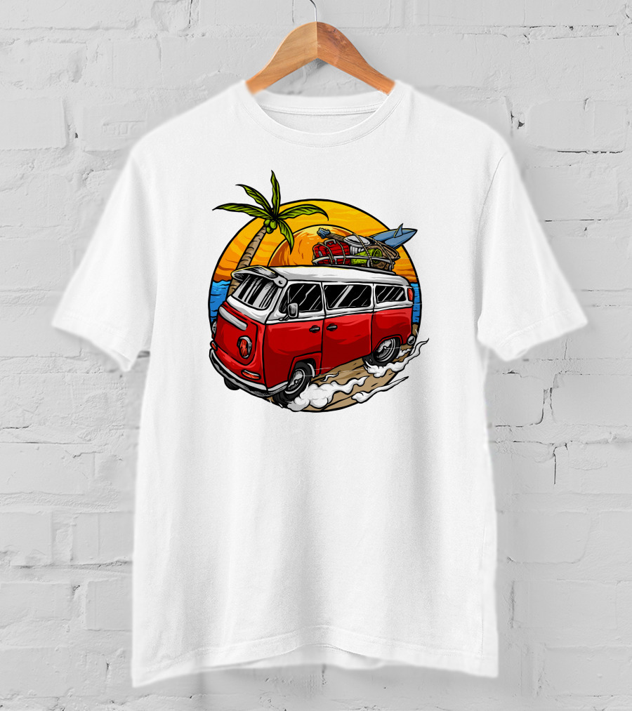 Holiday Vintage Car With Sunset Surfboard And Palm Tree Beach Scene T-Shirt