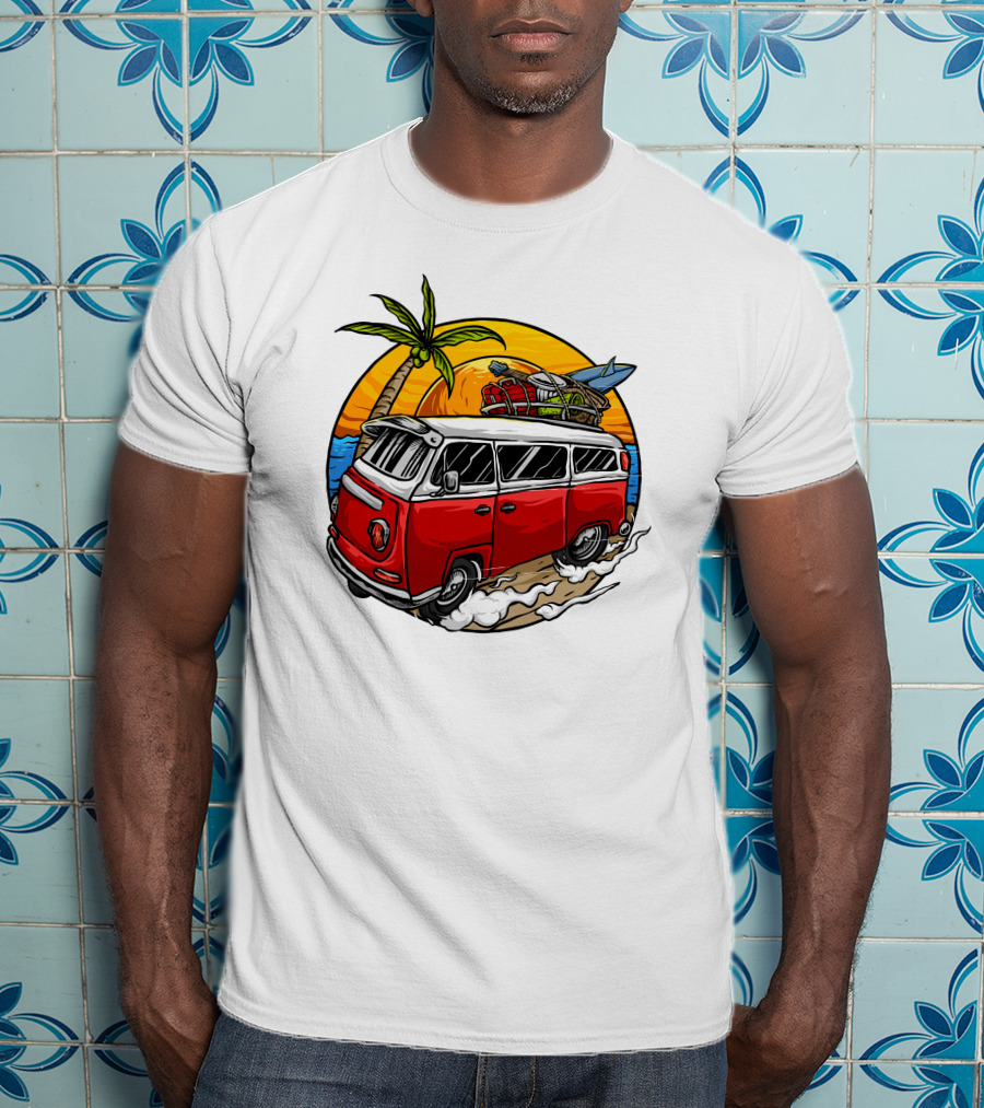 Holiday Vintage Car With Sunset Surfboard And Palm Tree Beach Scene T-Shirt