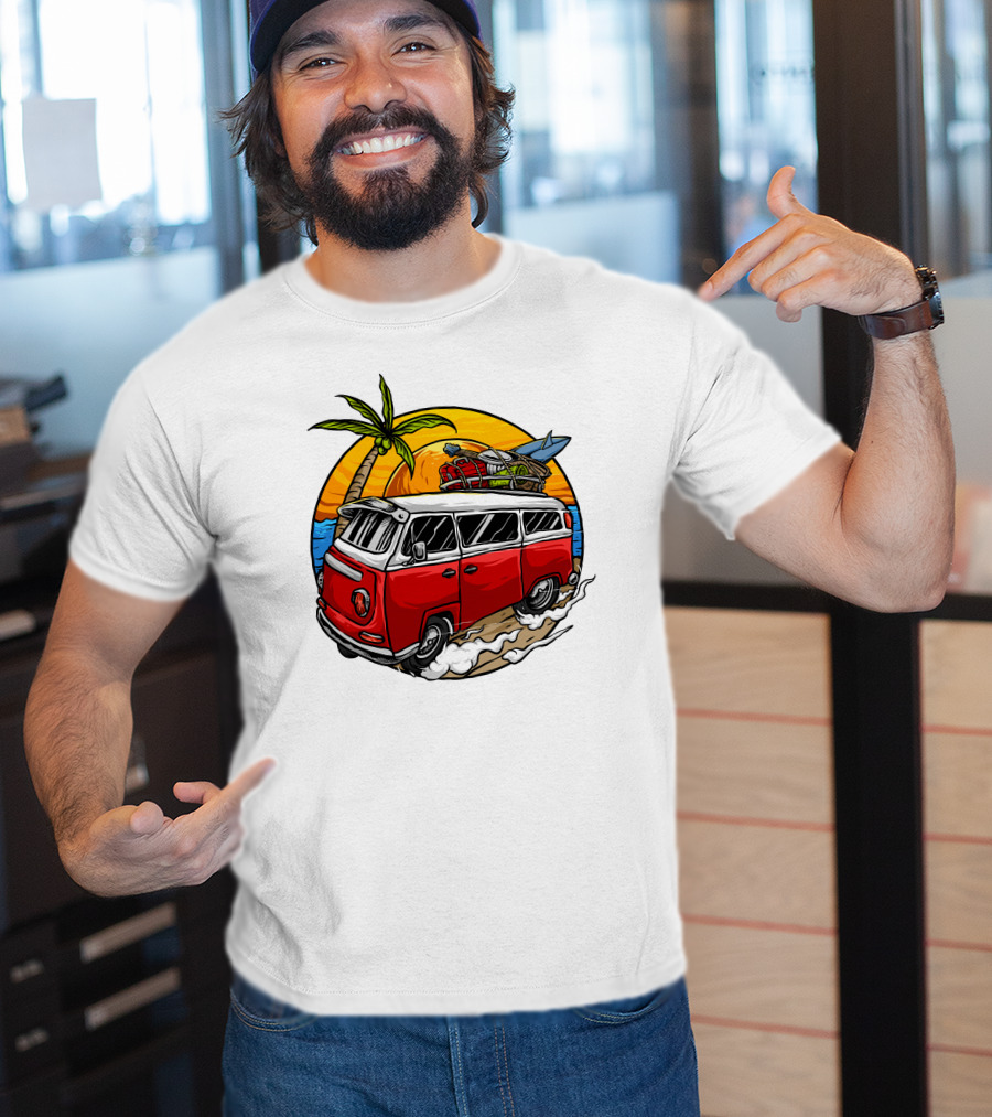 Holiday Vintage Car With Sunset Surfboard And Palm Tree Beach Scene T-Shirt