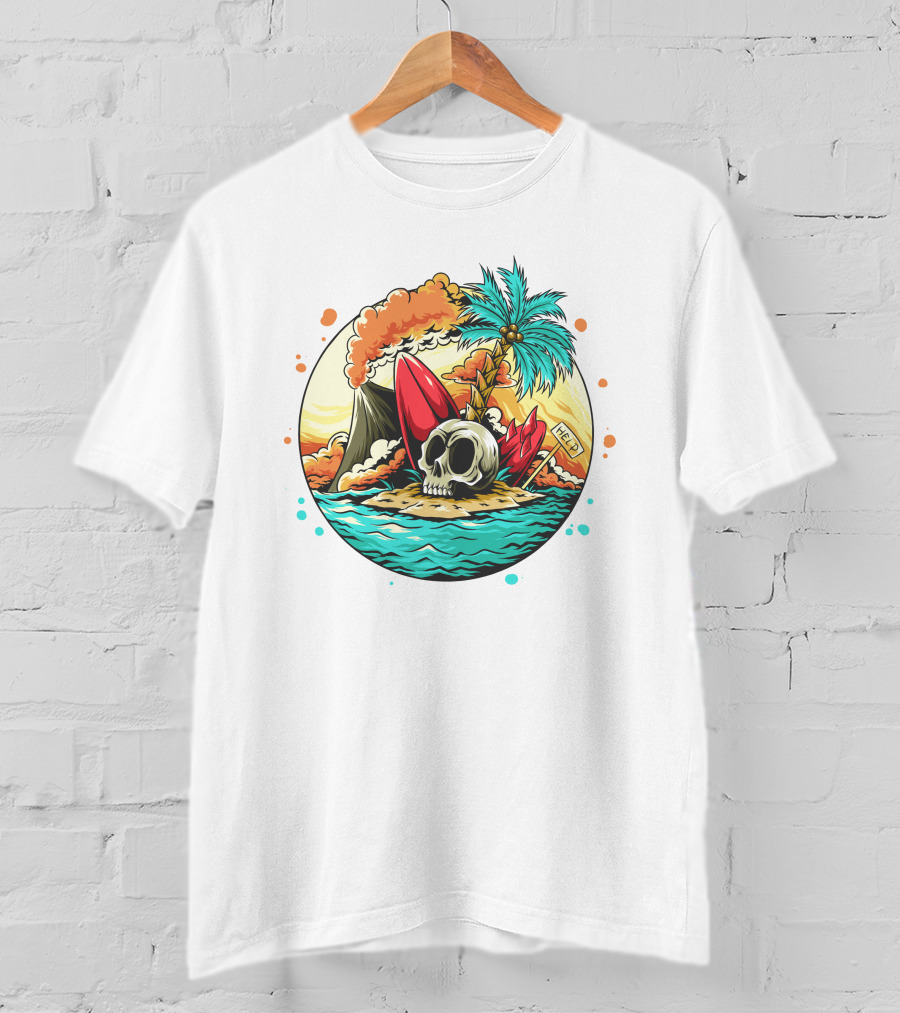 Summer Skull Island Paradise With Palm And Volcano T-Shirt